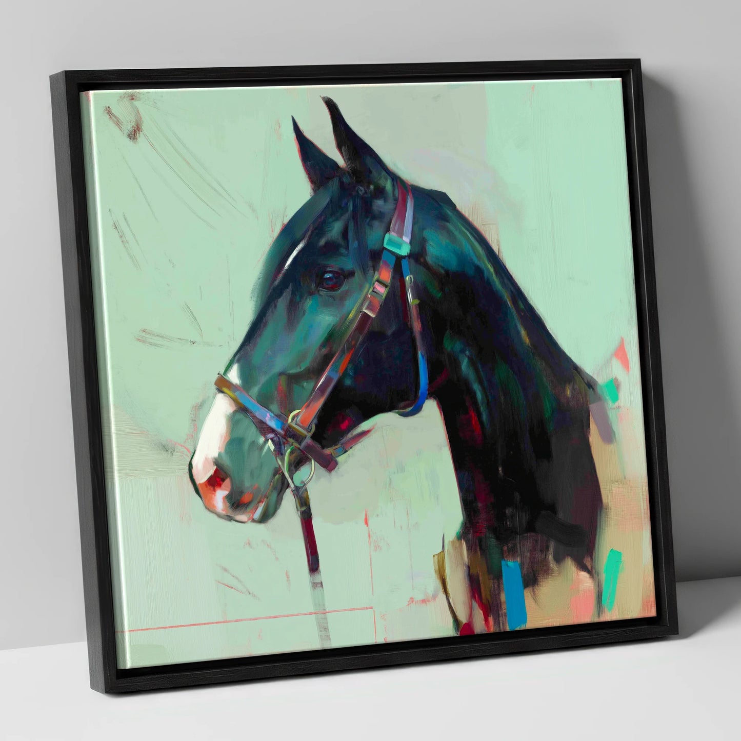 Midnight Profile in Teal horse portrait canvas wall art in black frame