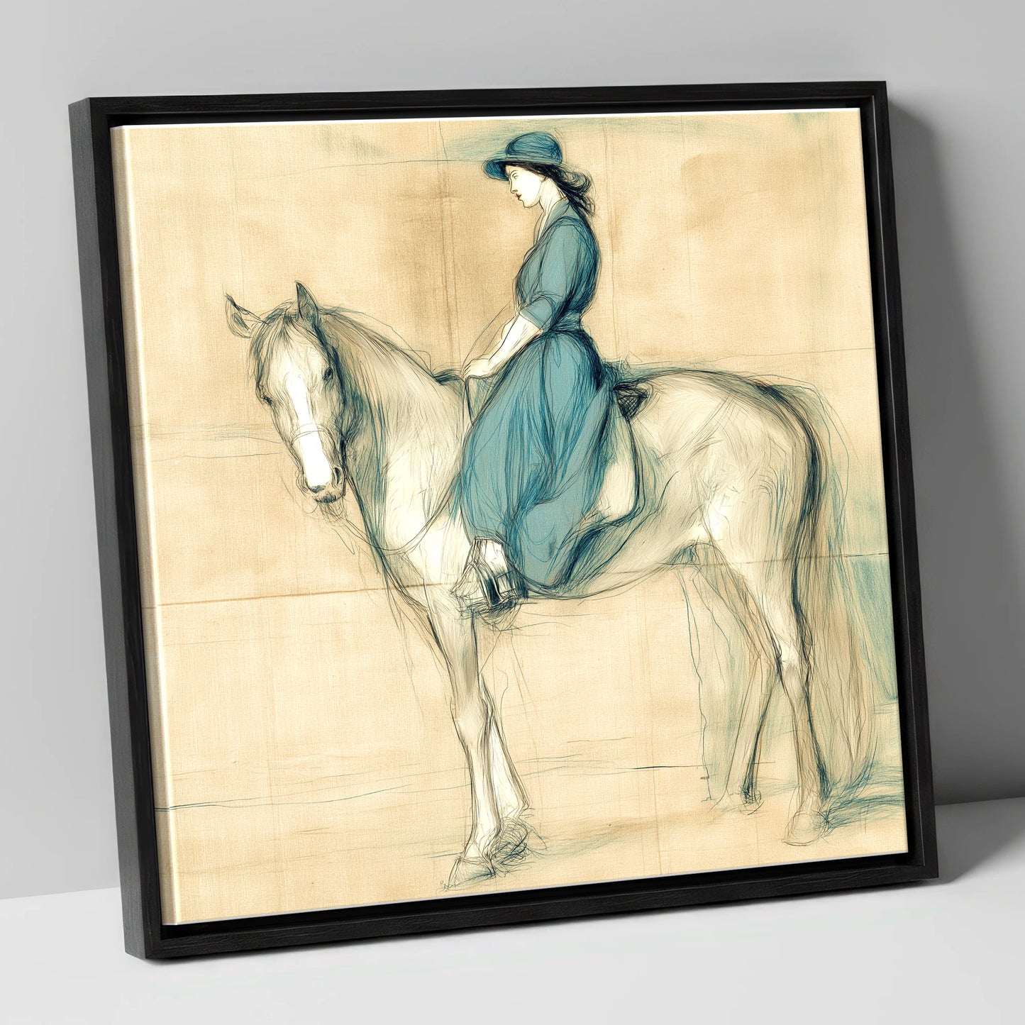The Lady in Teal horse & rider canvas wall art in black frame