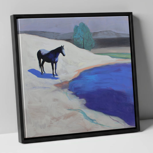 Blue Shore Solitude horse landscape canvas wall art in black frame