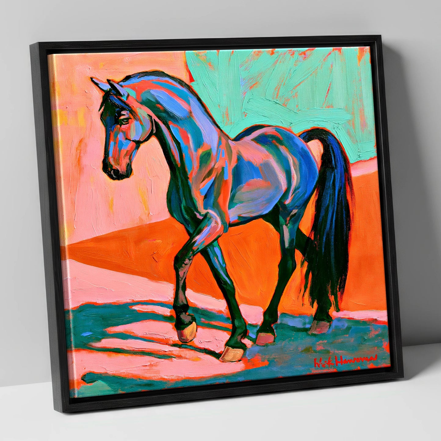 Vibrant Blue Contemporary Horse horse breed canvas wall art in black frame