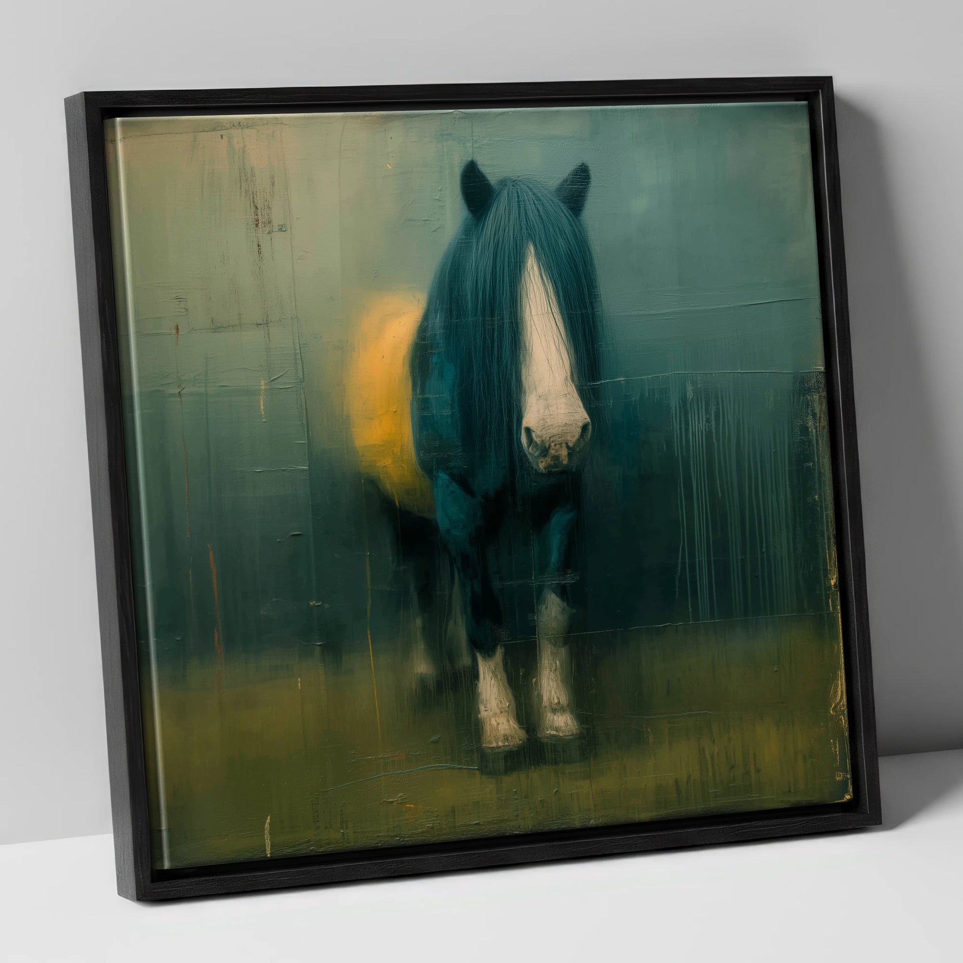 Quiet Draught in Teal horse breed canvas wall art in black frame