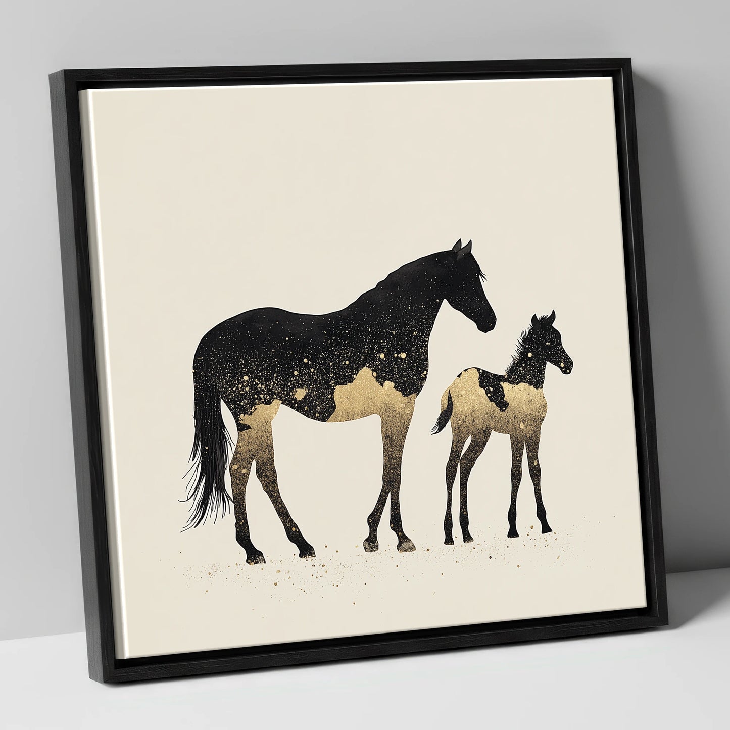 Gilded Midnight Bond mare & foal canvas wall art in black frame