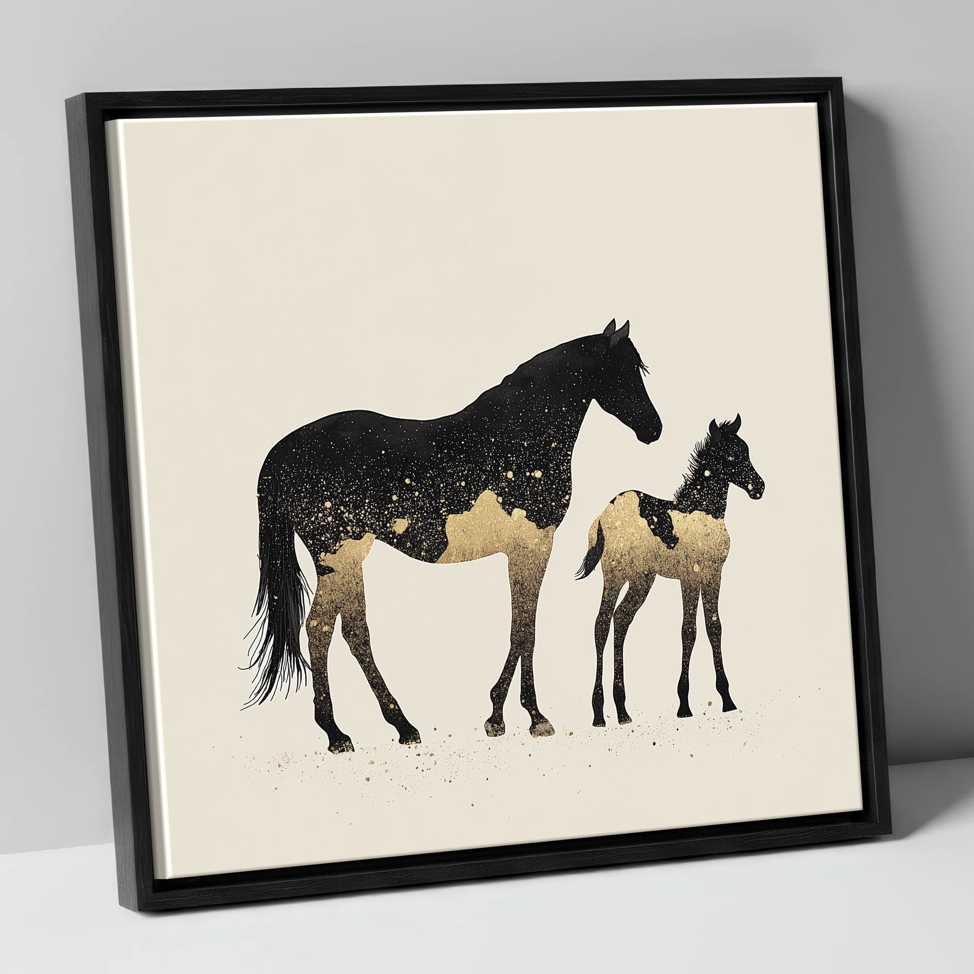 Gilded Midnight Bond mare & foal canvas wall art in black frame