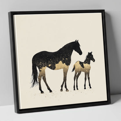 Gilded Midnight Bond mare & foal canvas wall art in black frame