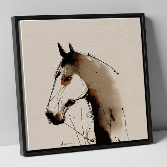 Sepia Ink Silhouette horse portrait canvas wall art in black frame