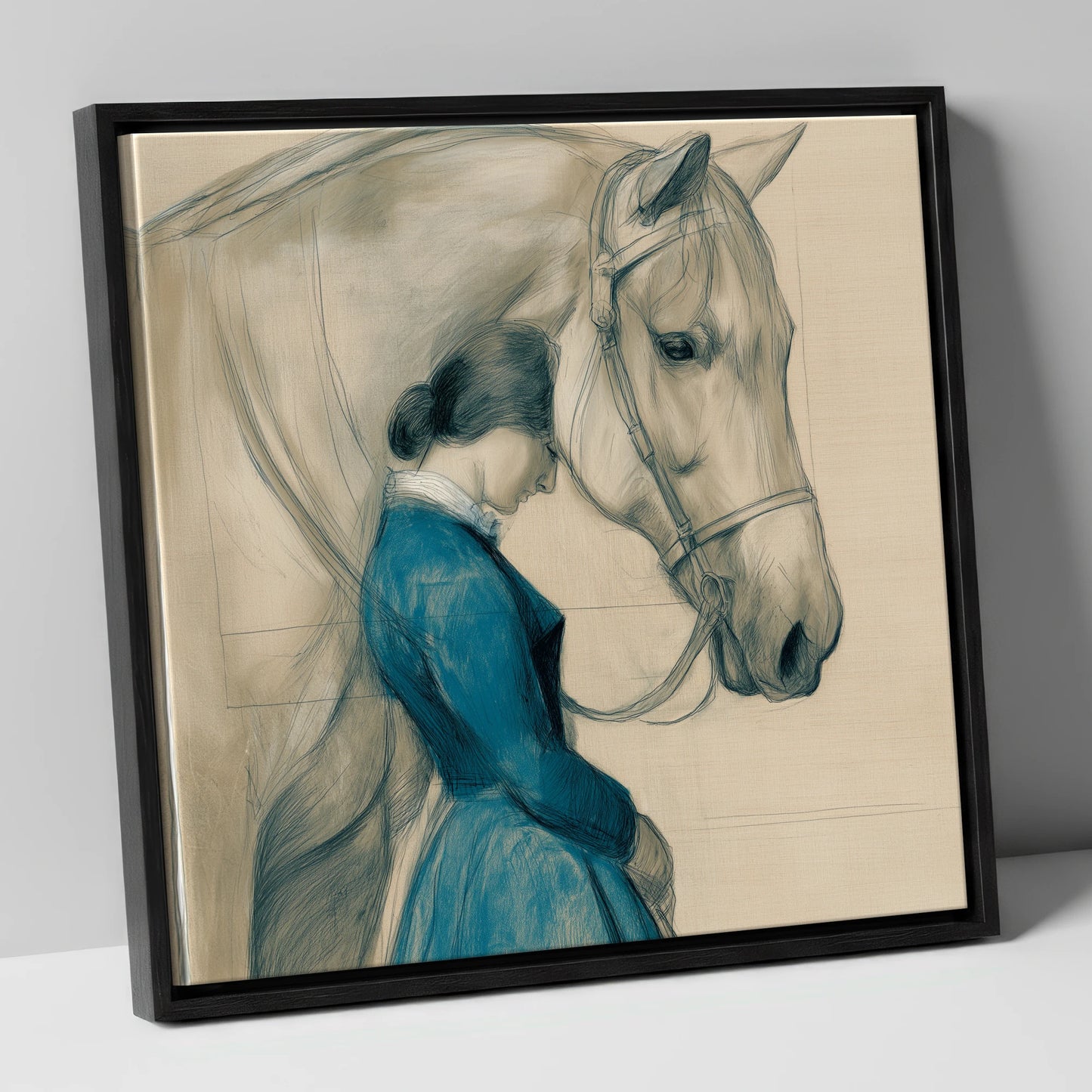 Solace in Stillness horse & rider canvas wall art in black frame