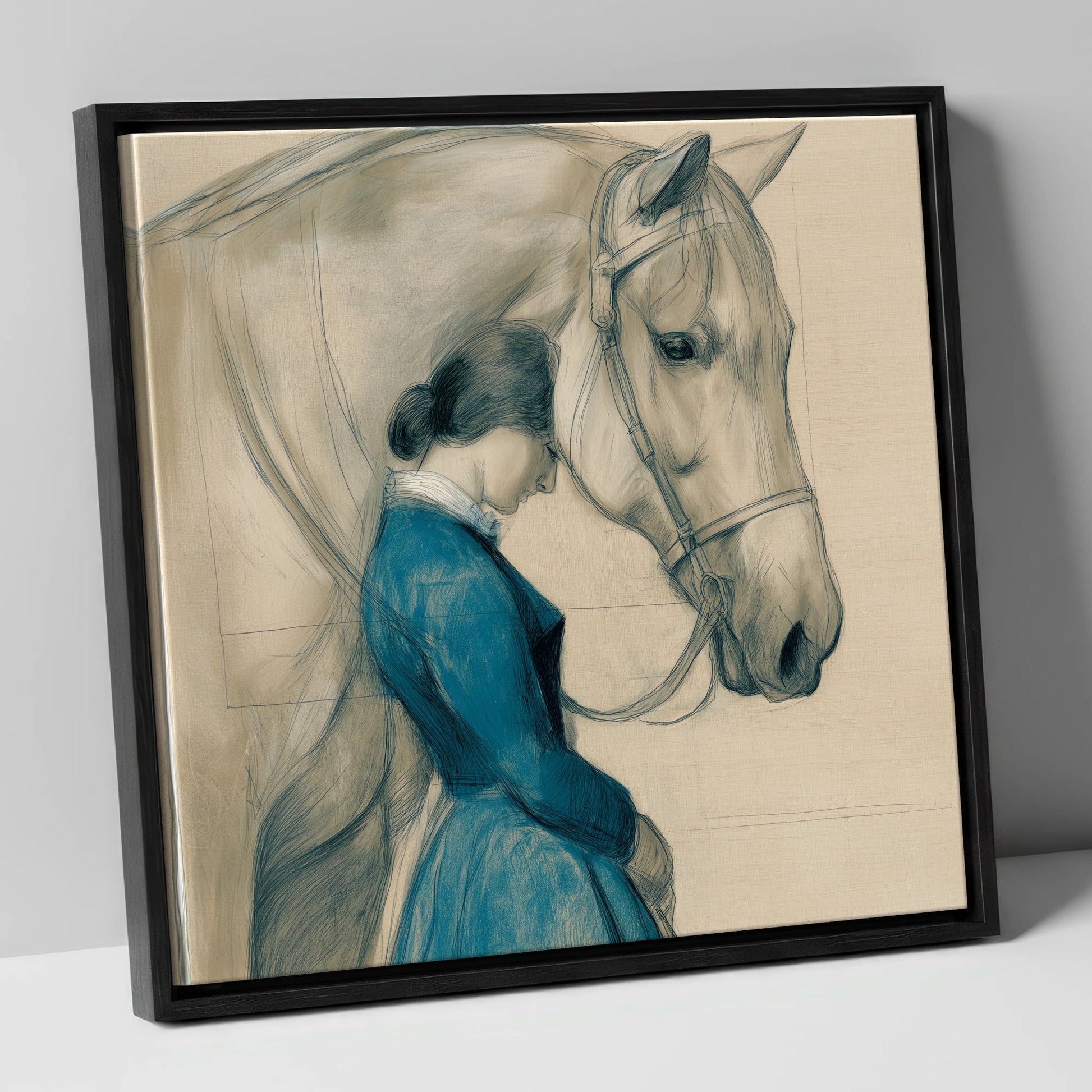 Solace in Stillness horse & rider canvas wall art in black frame