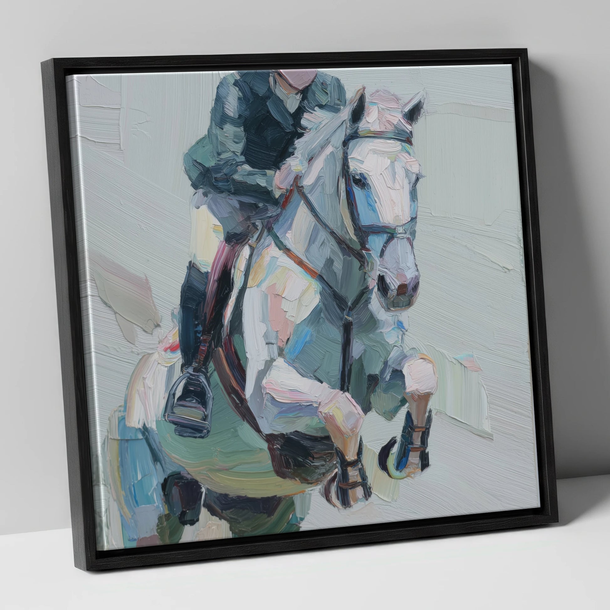 Flight in Grey show jumping horse canvas wall art in black frame