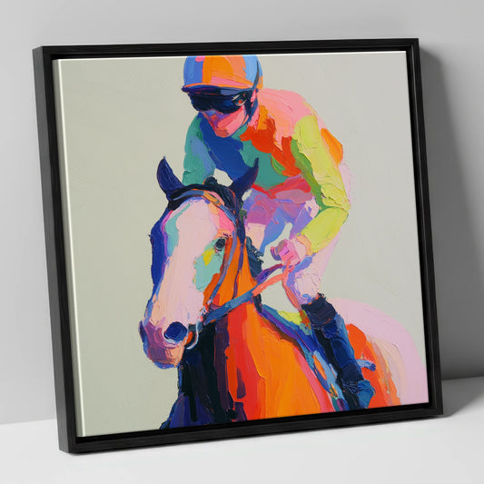 The Vibrant Sprint racing horse canvas wall art in black frame