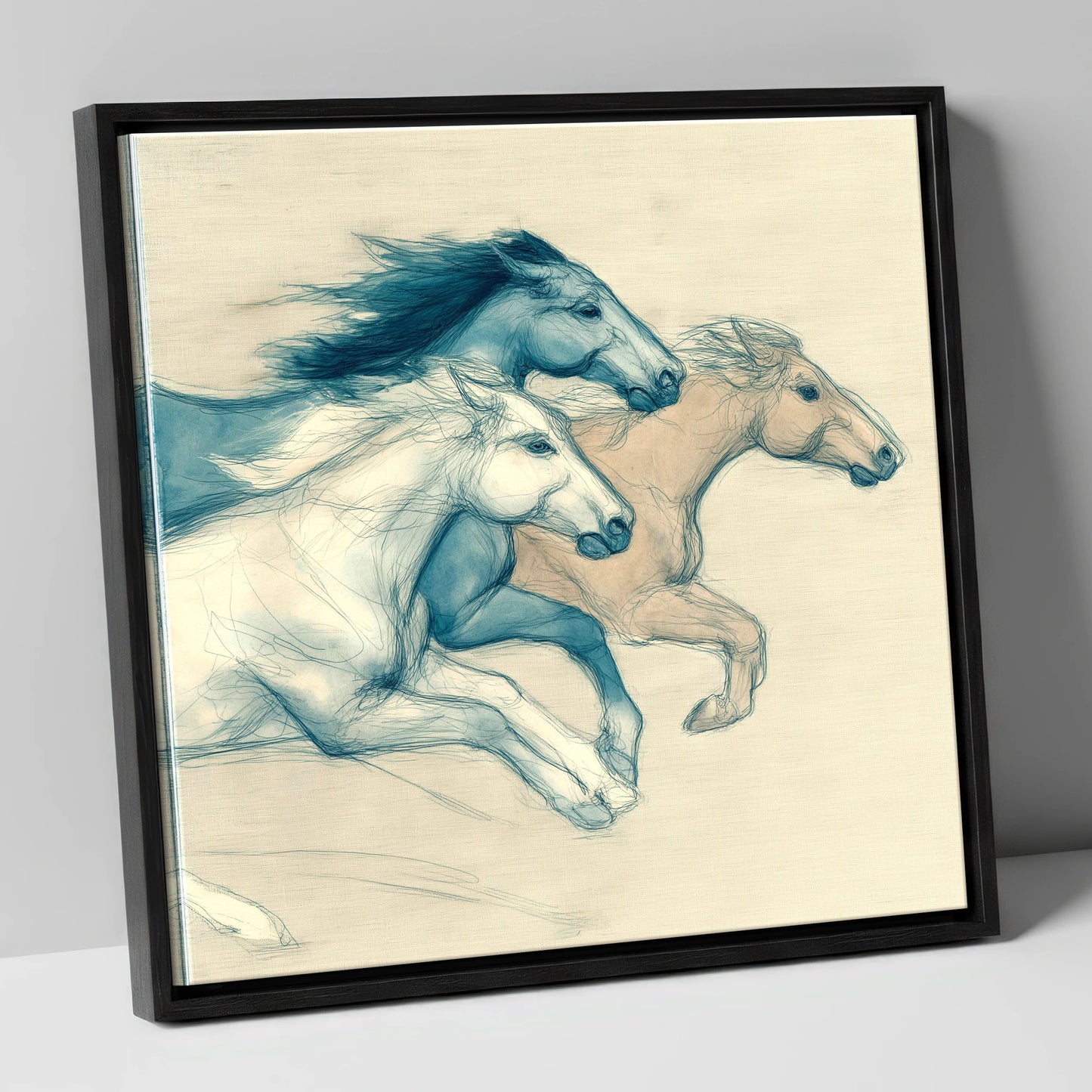 Azure Equine Trio wild horses canvas wall art in black frame