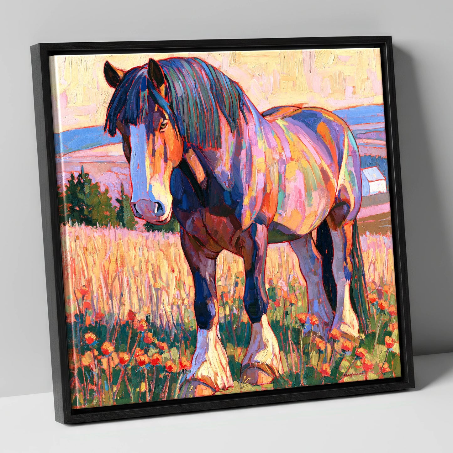 Colourful Heavy Horse in Meadow horse breed canvas wall art in black frame