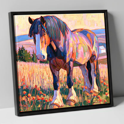 Colourful Heavy Horse in Meadow horse breed canvas wall art in black frame