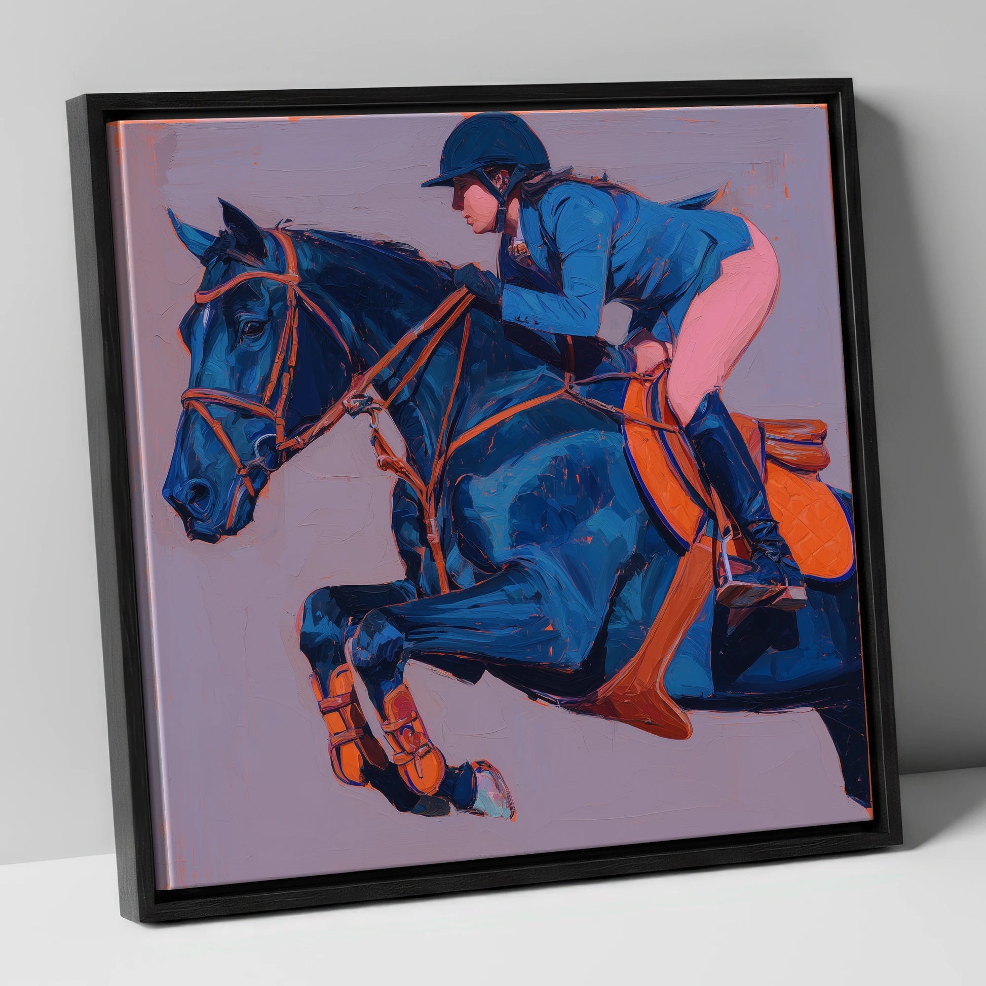 Flight in Indigo show jumping horse canvas wall art in black frame