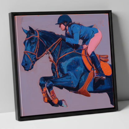 Flight in Indigo show jumping horse canvas wall art in black frame
