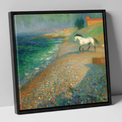 Vibrant Coastal Grey horse landscape canvas wall art in black frame