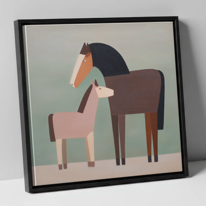 Quiet Companions mare & foal canvas wall art in black frame