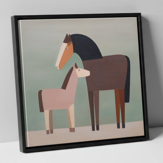 Quiet Companions mare & foal canvas wall art in black frame