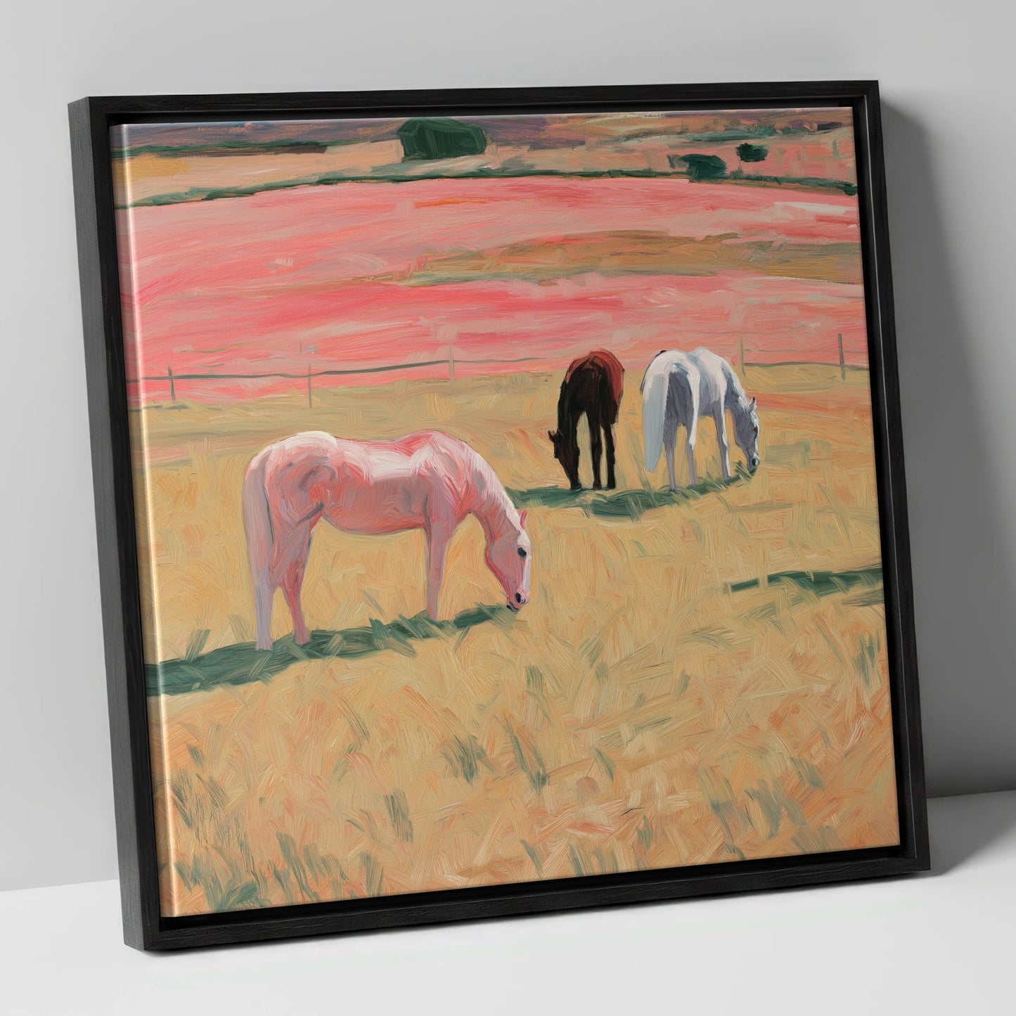 Dusky Meadow Grazing horse landscape canvas wall art in black frame