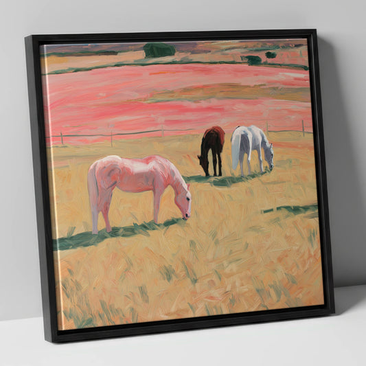 Dusky Meadow Grazing horse landscape canvas wall art in black frame