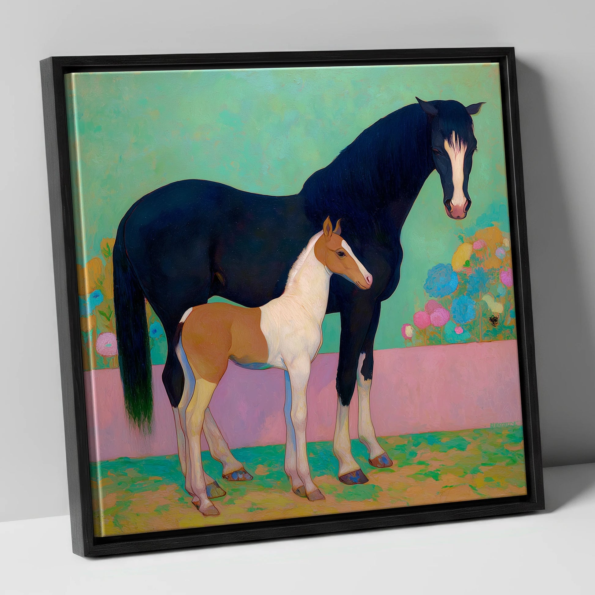 Midnight Dream Mare and Foal mare & foal canvas wall art in black frame