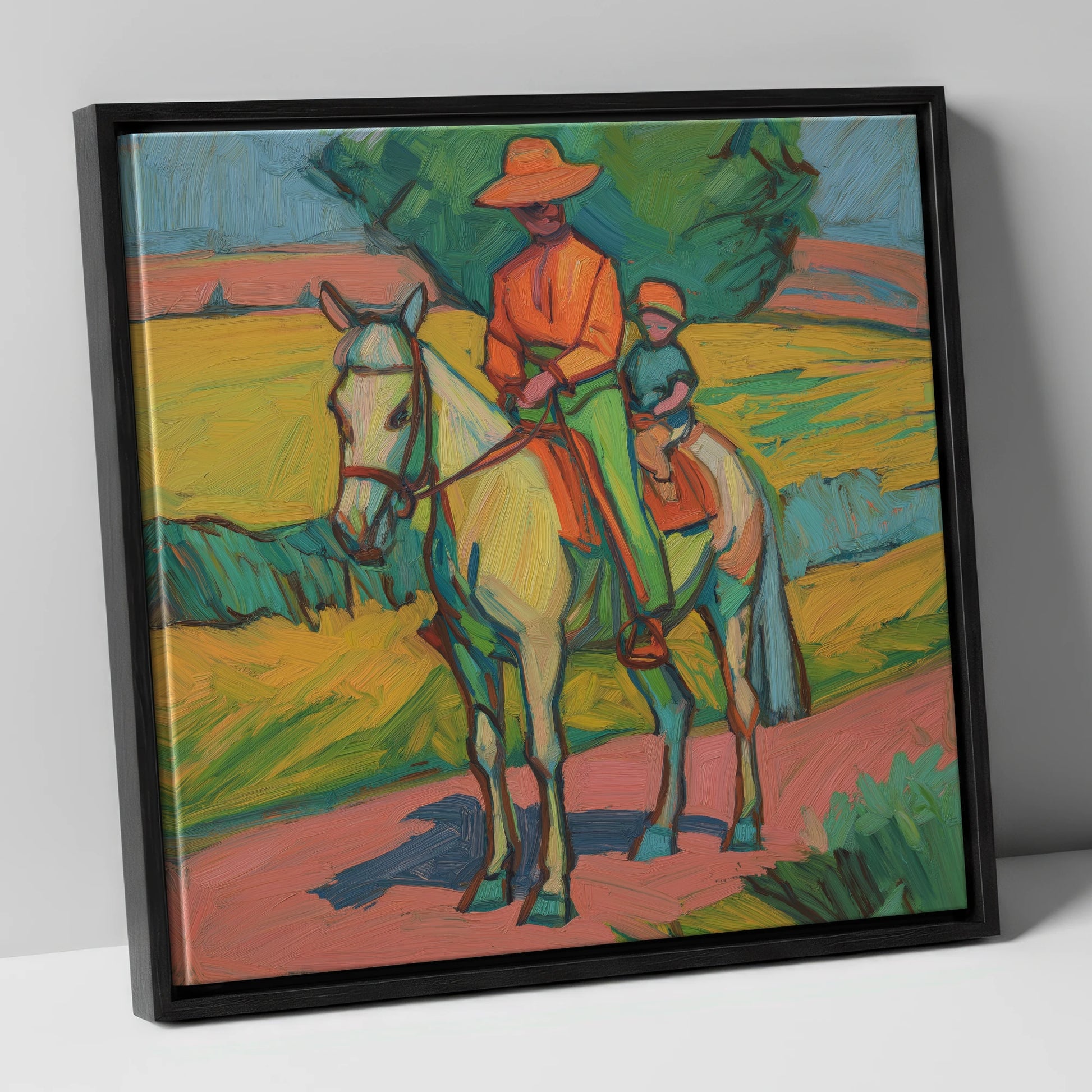 Vivid Summer Companion horse & rider canvas wall art in black frame