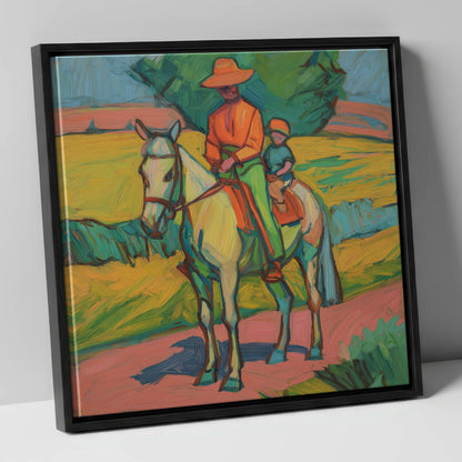 Vivid Summer Companion horse & rider canvas wall art in black frame