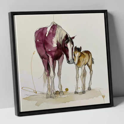 Painted Bond mare & foal canvas wall art in black frame