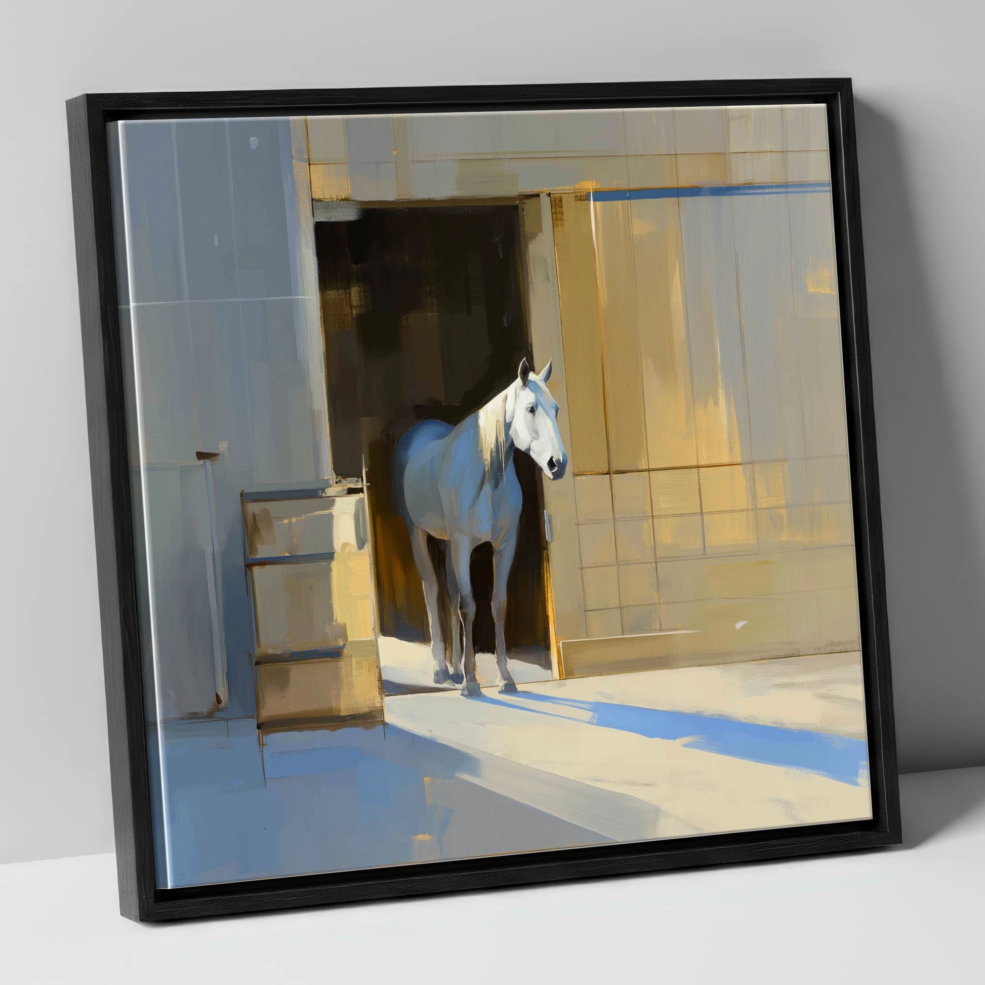 Sunlit Stable Doorway horse stable canvas wall art in black frame