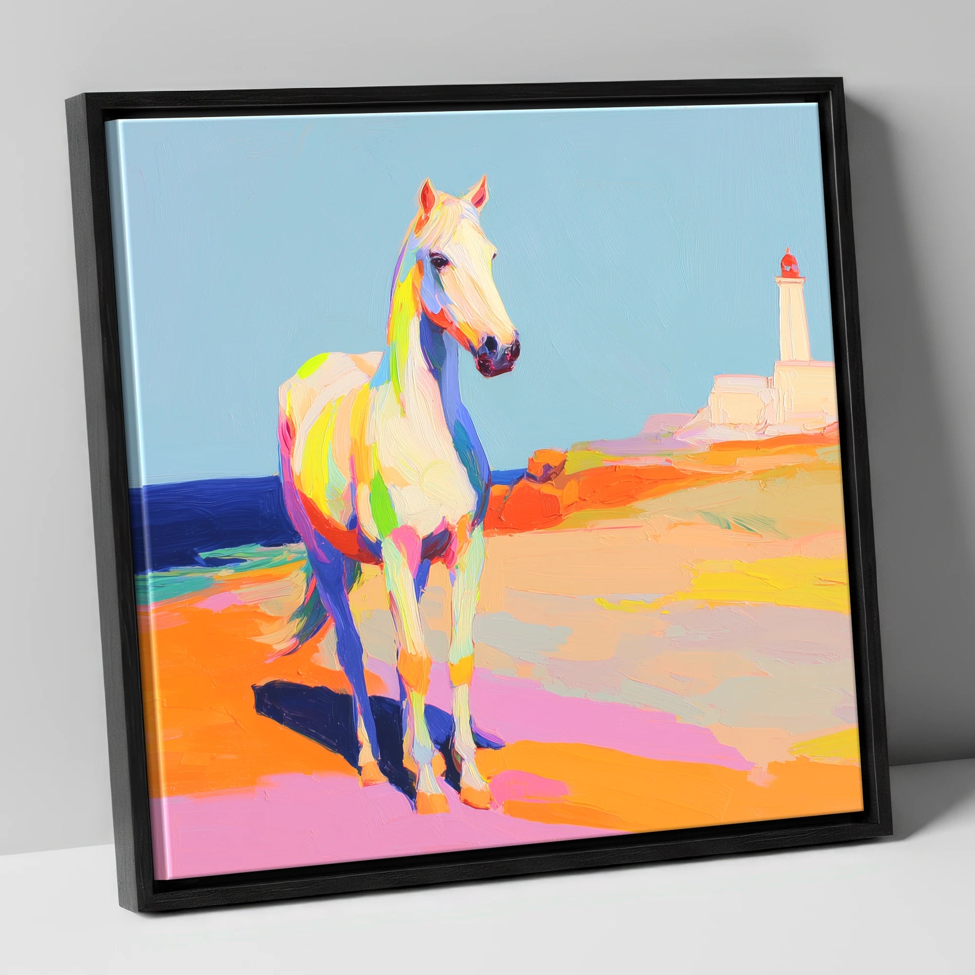 Vibrant Coastal Equine horse landscape canvas wall art in black frame