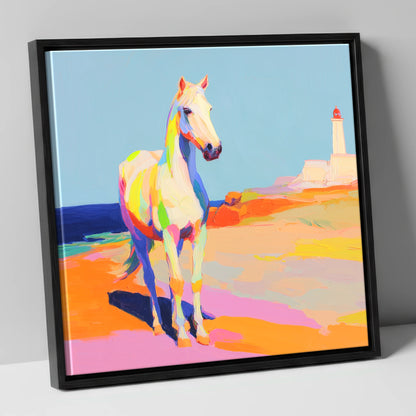 Vibrant Coastal Equine horse landscape canvas wall art in black frame