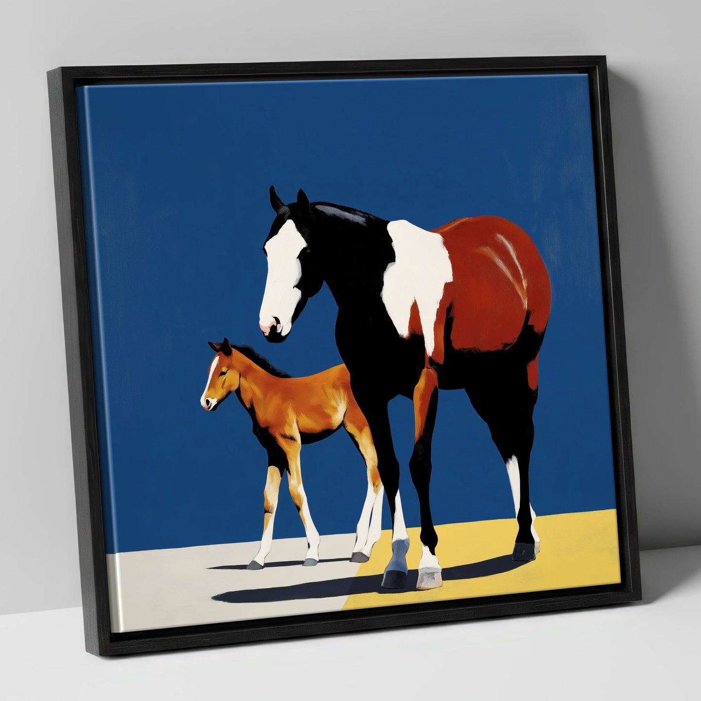 Striking Skewbald Bond mare & foal canvas wall art in black frame