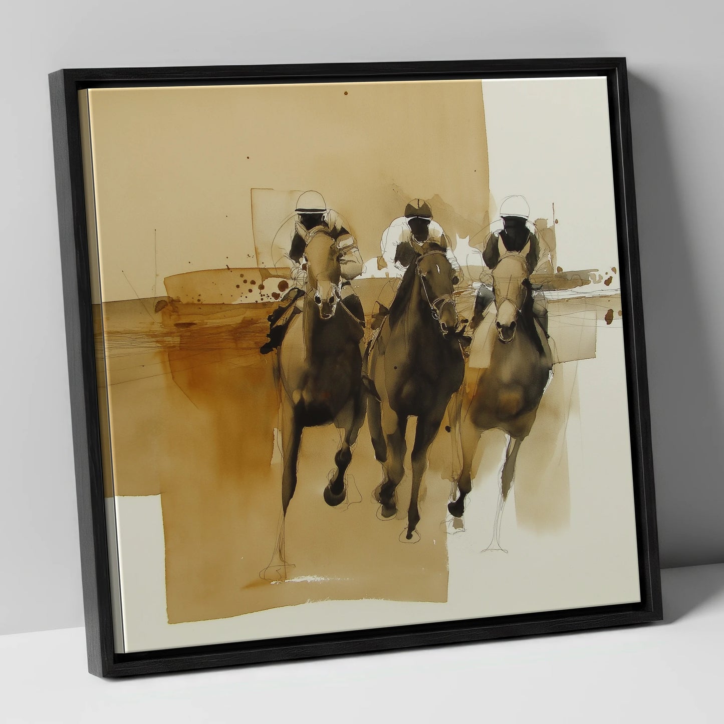 The Home Straight racing horse canvas wall art in black frame
