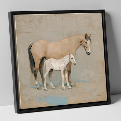 A Quiet Bond mare & foal canvas wall art in black frame