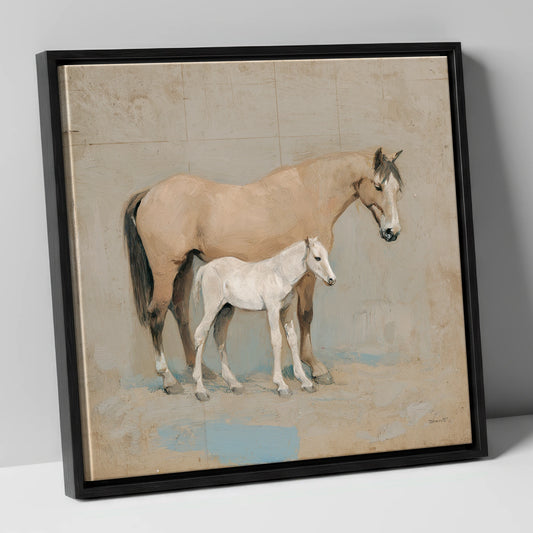 A Quiet Bond mare & foal canvas wall art in black frame
