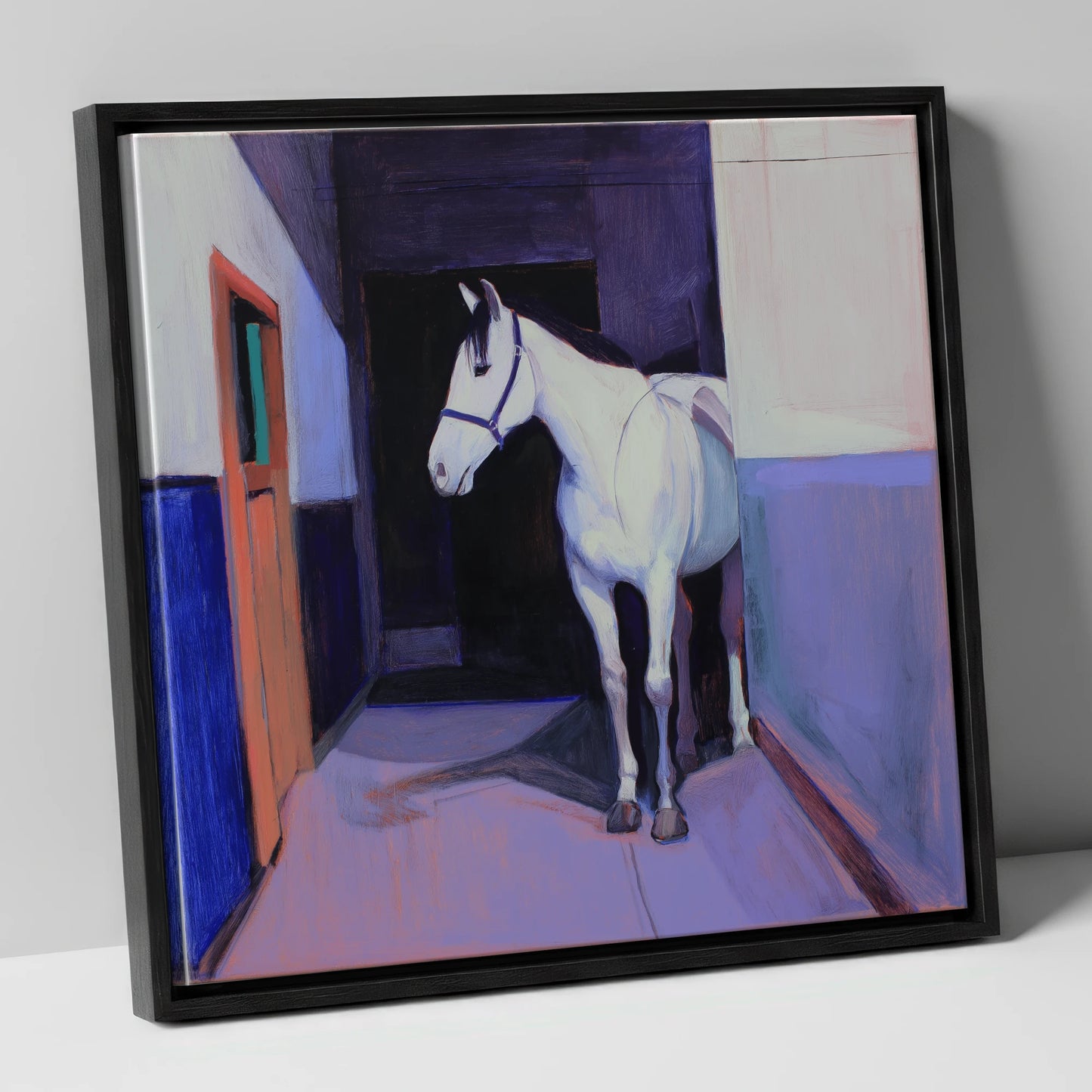 Twilight Stable Solitude horse stable canvas wall art in black frame
