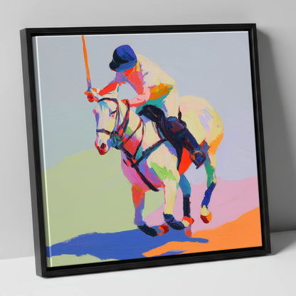 Vibrant Polo Drive polo horse canvas wall art in black frame