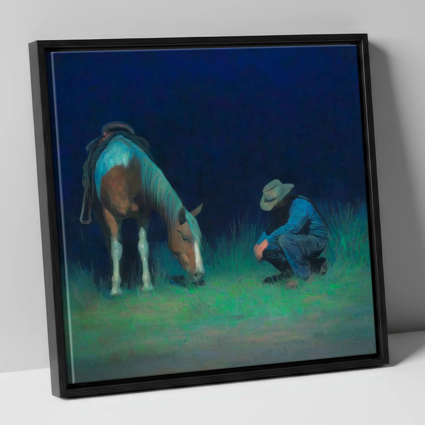 Under An Indigo Sky horse & rider canvas wall art in black frame