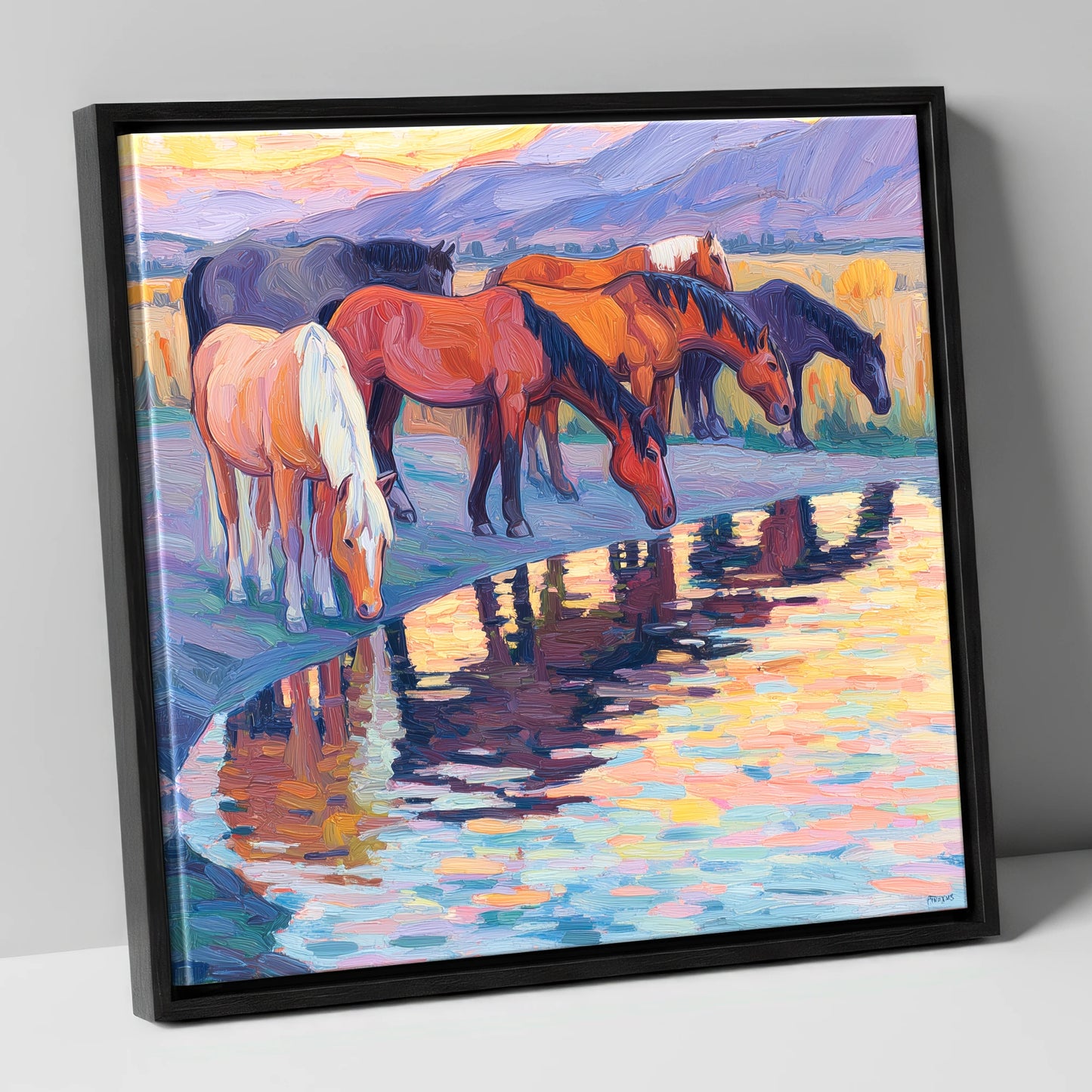 Reflections at Dusk wild horses canvas wall art in black frame