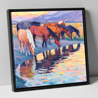 Reflections at Dusk wild horses canvas wall art in black frame