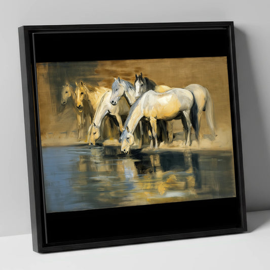 Reflections of the Herd wild horses canvas wall art in black frame