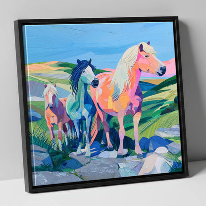 Vivid Moorland Herd horse landscape canvas wall art in black frame