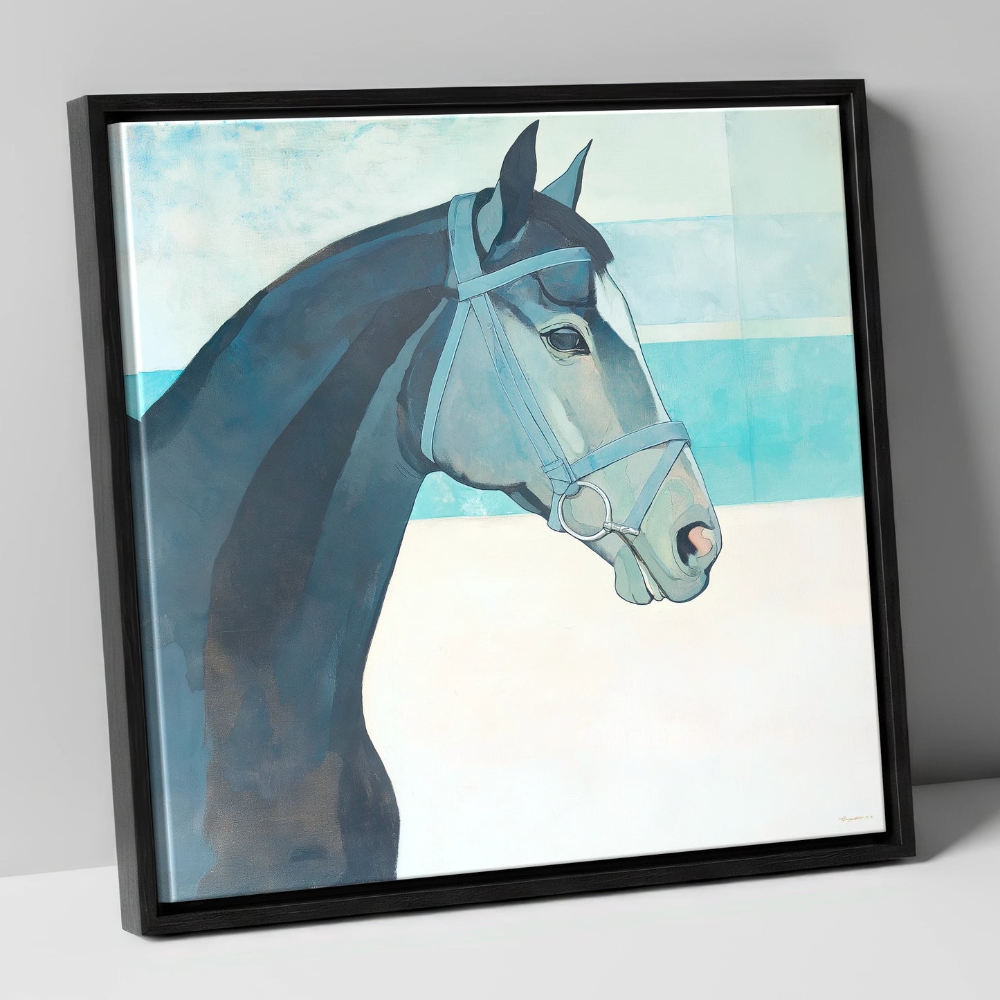 Serene Aquamarine Profile racing horse canvas wall art in black frame