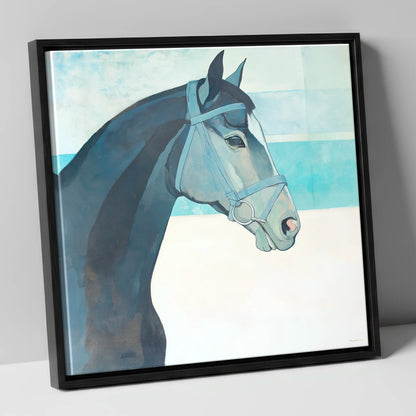 Serene Aquamarine Profile racing horse canvas wall art in black frame