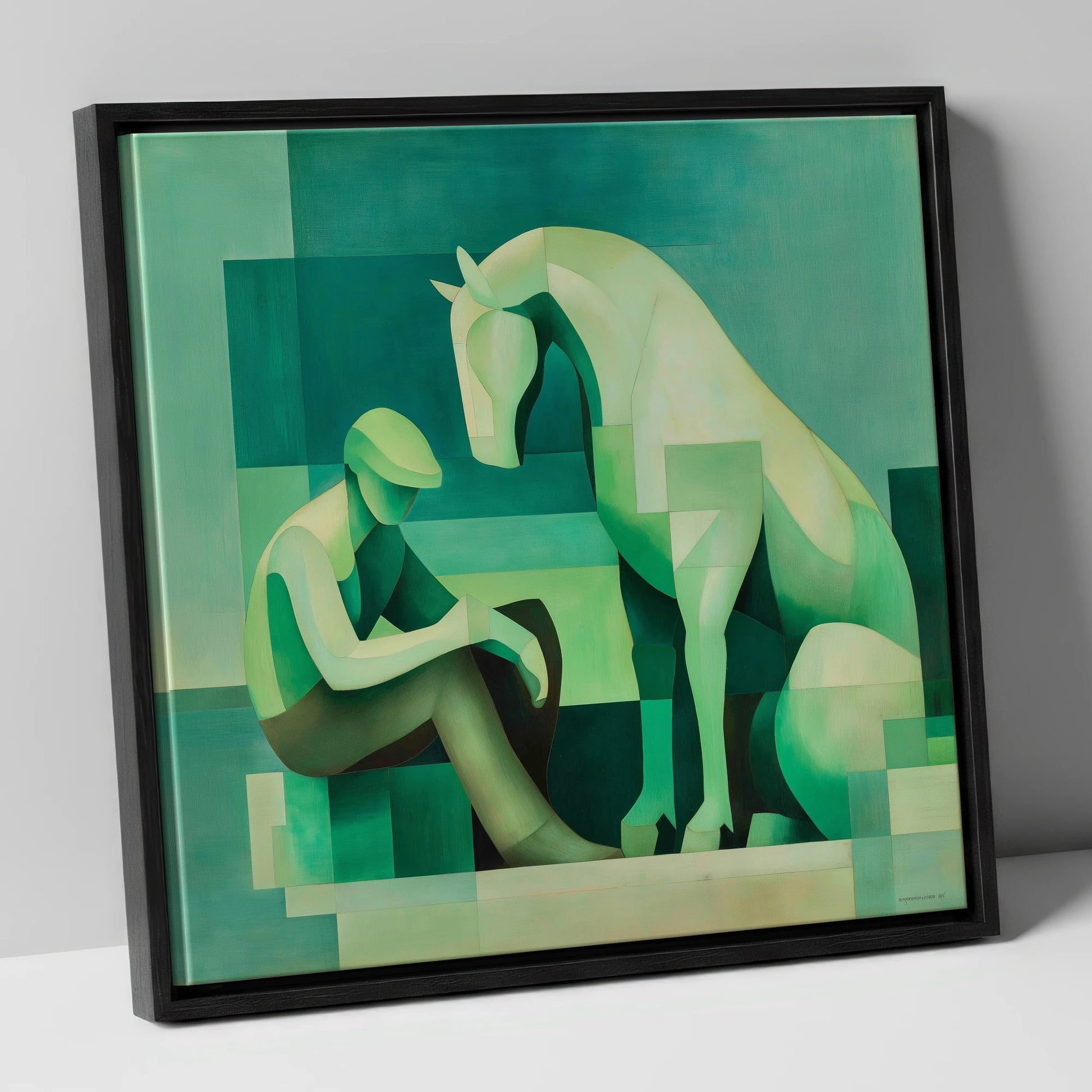 Silent Conversation horse & rider canvas wall art in black frame