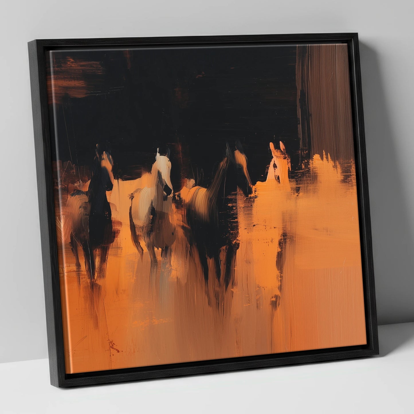 Out of the Shadows racing horse canvas wall art in black frame