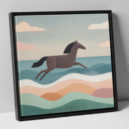 Rhythmic Coastal Canter beach horse canvas wall art in black frame
