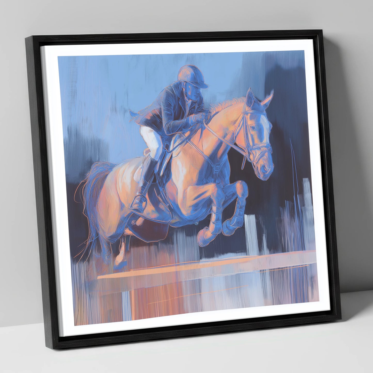 Cobalt Ascent show jumping horse canvas wall art in black frame