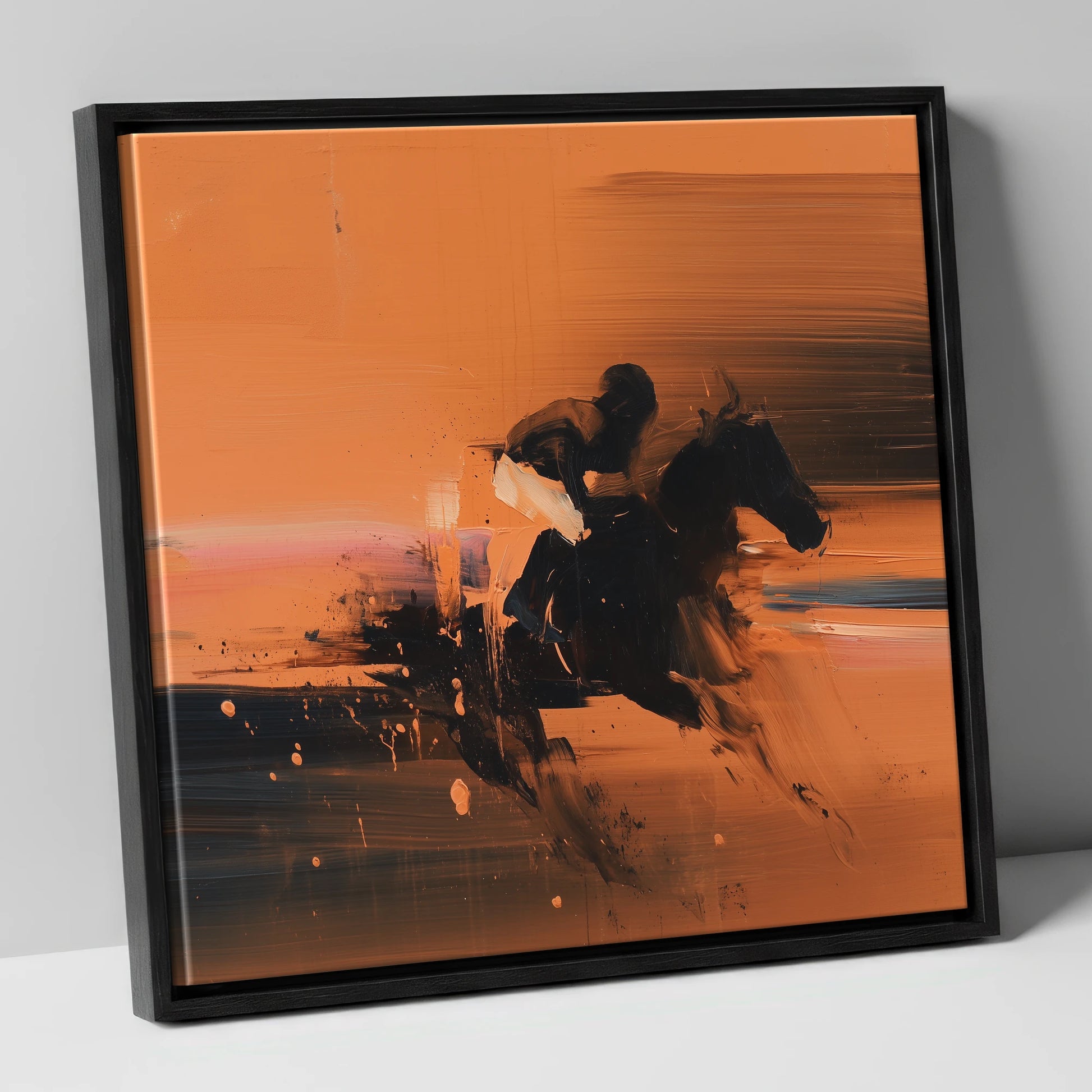 Through the Amber Dust racing horse canvas wall art in black frame