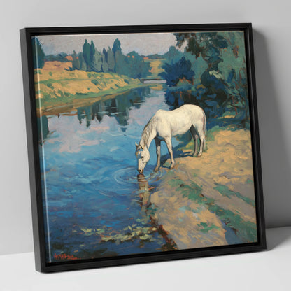 Solace at the River horse landscape canvas wall art in black frame