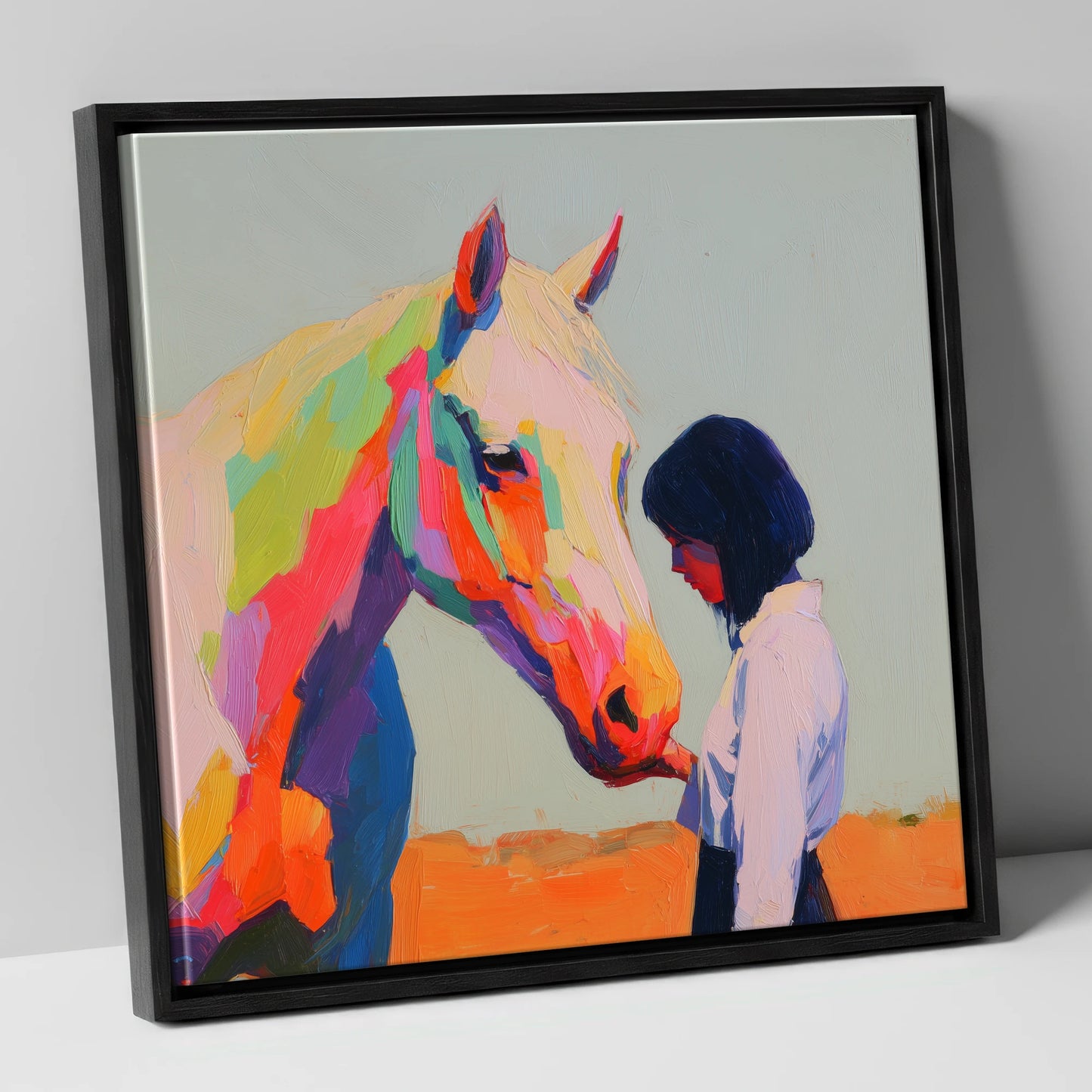 Vivid Connection horse & rider canvas wall art in black frame